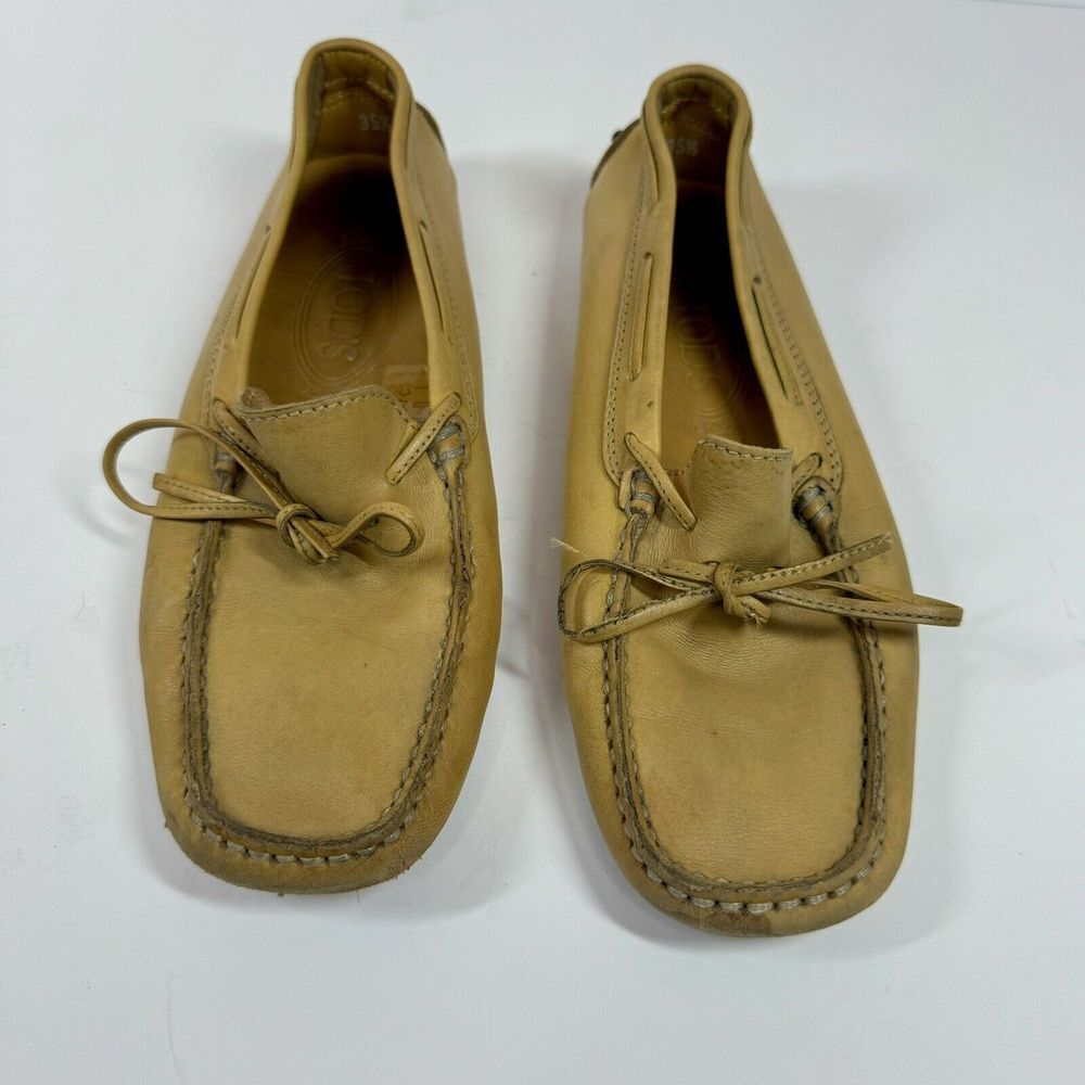 TOD's Tan 100% Leather Driving Flat Loafers with Rubber Pebble Soles Sz 35.5 - Picture 11 of 15